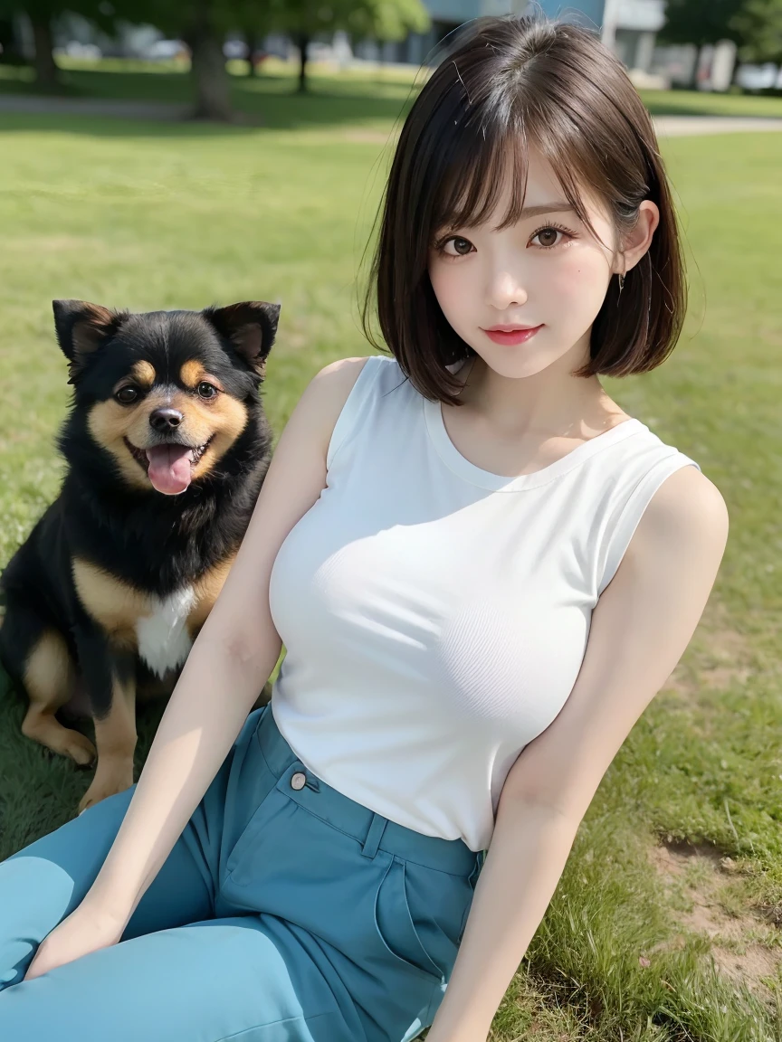 Happy fun、a smile、NSFW、((cammel toe))、top-quality、masterpiece、超A high resolution、8K、(Photorealsitic:1.4)、Raw photo、1人、Dark hair、glowy skin、Wet body、Dramatic Writing、full body Esbian、female dog、tank top、jeans, Female geng、at the sunset
