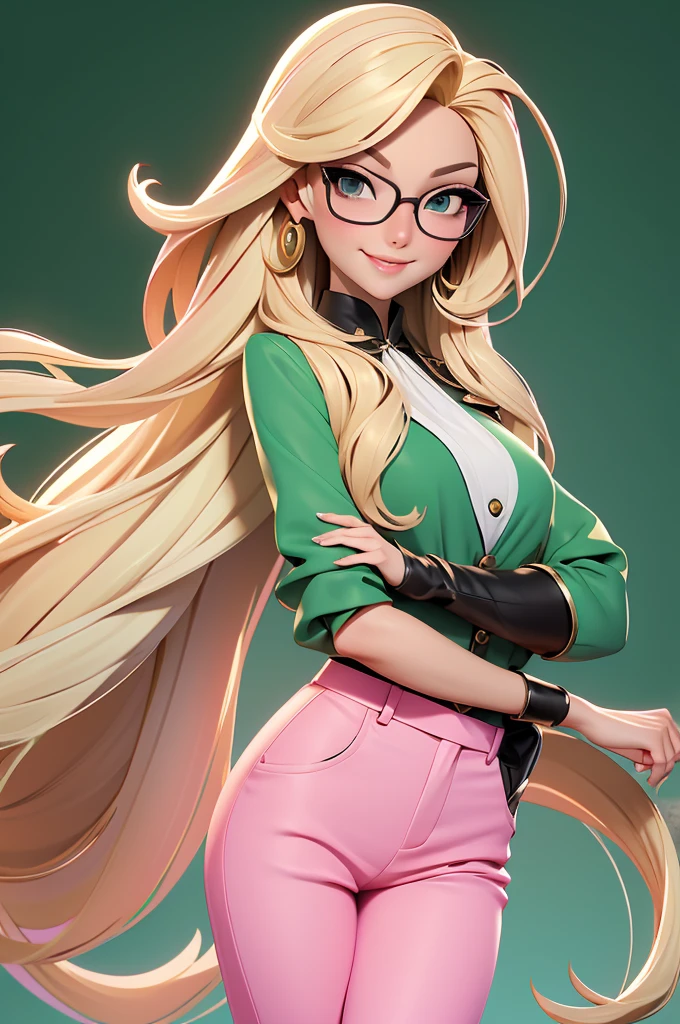 Create a character of a stunning woman. blond, fine and long hair, white skin tone, eyes black, Square-shaped prescription glasses, thin lips, smiling, Wearing a pink blouse and green pants.