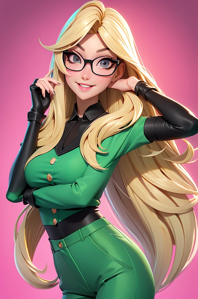 Create a character of a stunning woman. blond, fine and long hair, white skin tone, eyes black, Square-shaped prescription glasses, thin lips, smiling, Wearing a pink blouse and green pants.