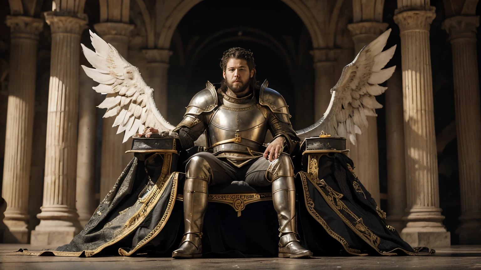 A photorealistic cinematic photo of a young white king man with a curly black hair sitted lonely on a massive throne with black angel wings, game of thrones, lord of the rings, medieval white and golden armor, black crown, white young man king with a curly hair