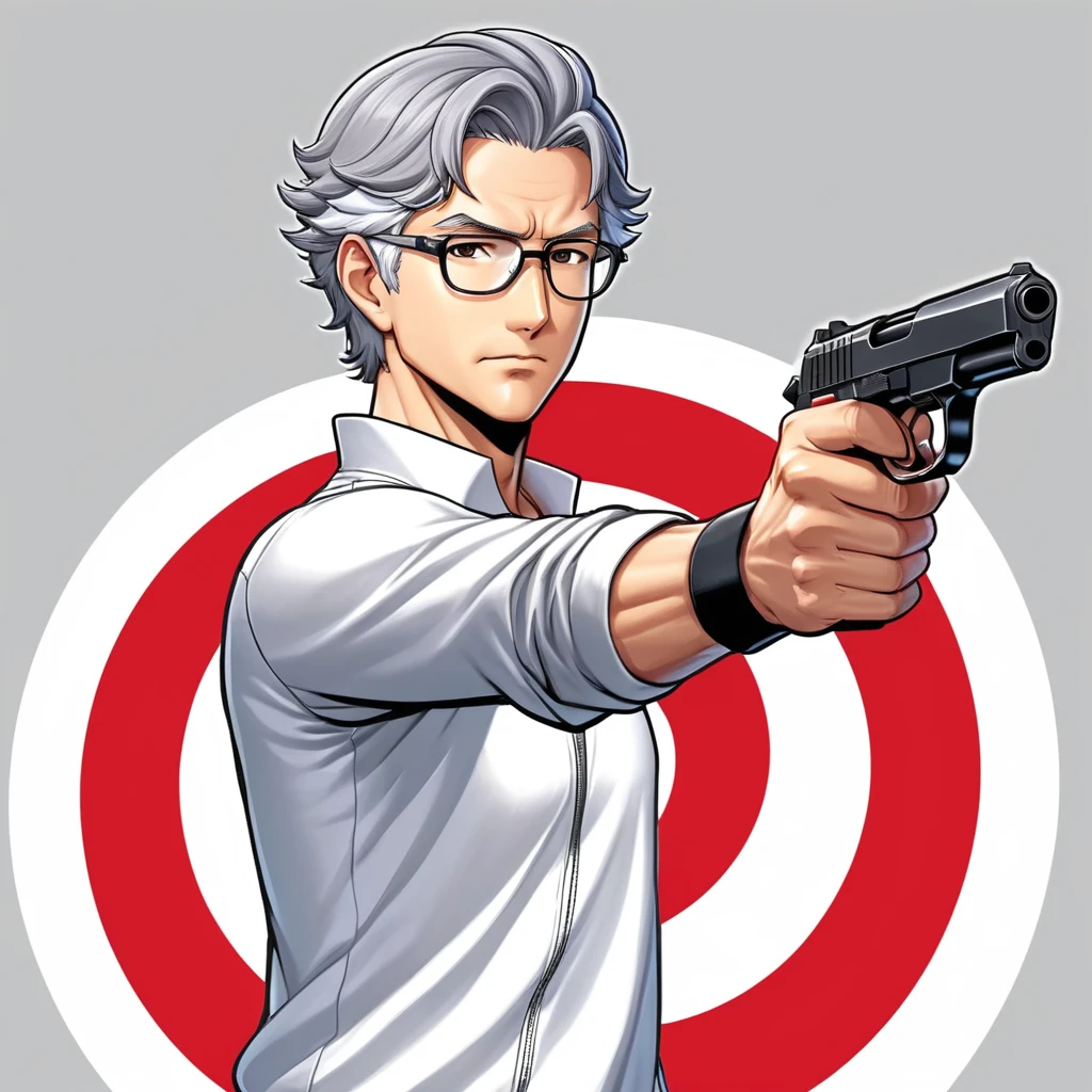 Mangá style man middle age 50 years old, gray hair target shooting pose Wielding an “Air Pistol 10 meters” in his right hand Stretching his armo he wears white jersey-casual logo “olimpic-games” of the competition Turkey flag this in target shooting pose wears prescription glasses, this in disposed shape mid-shot, anime art-style ((more detail, enhnaced))
