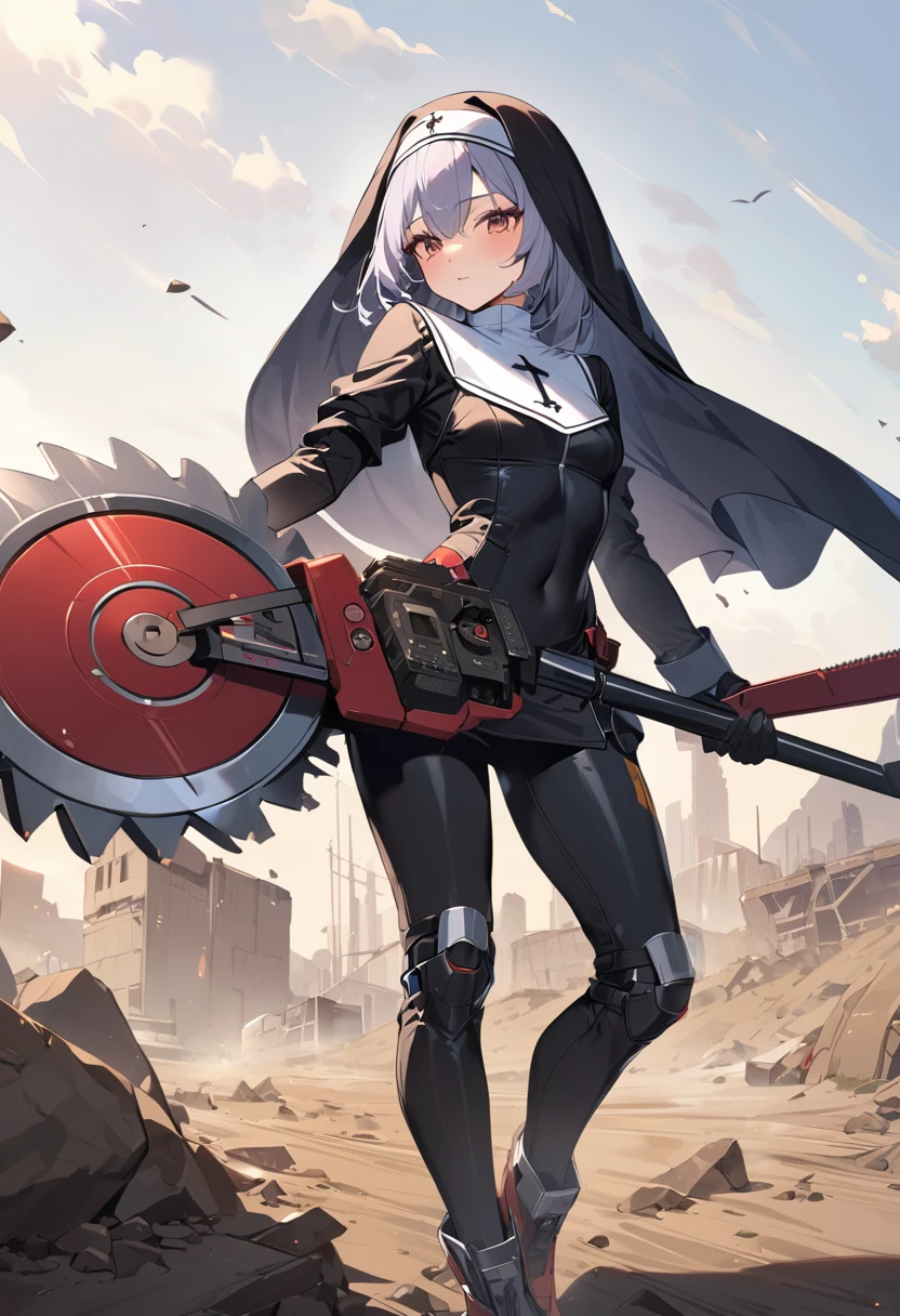 (masterpiece, best quality:1.1), (ultra highres, ultra-detailed:1.2),pop-style, one girl,nun costume,(posing),(has mechanical saw,near future technology), BREAK (wasteland,no man's land),dynamic angle,