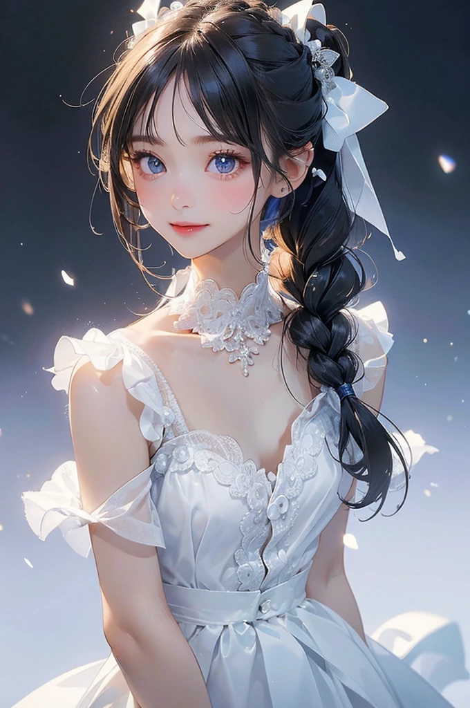 (masterpiece), ((Highest quality)), (Very detailed), (Beautiful eyes Beautiful details Eyes, Clean and delicate face), (Hit the knee, Are standing), alone, Small Bust,Single braided ponytail, Parted bangs, amount, Cool smile, White dress shirt over naked body, Black lace underwear, Open shirt, belly button, clavicle, Simple Background