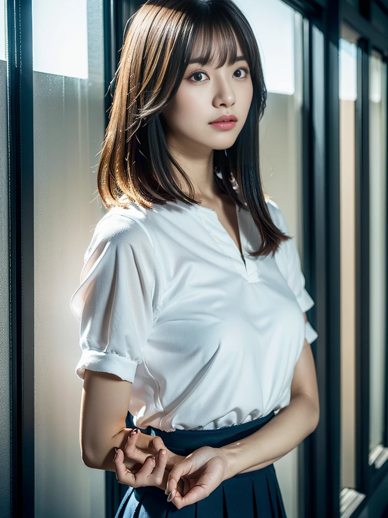Kidnapped Woman、His hands are tied、((Place your hands behind your back))、((Place your hands together and cross them behind your back))、(((Her wrists are tied with rope)))、shibari、beauty、20age、university student、(anatomicaly, Has two arms and two hands)、In a lighted room、Stand by the window、Outside the window is the night sky、There are many stars、Wearing a short-sleeved blouse、Wear a high school student-style miniskirt、Uniform eyes、Proportioned proportions、Small breasts、Small face、(I can see from head to heel), Black Hair, bangs, swept bangs, Straight hair, Nervous, Messy Hair, Floating hair, Cinema Lighting, tachi-e, First-person view, throw, From behind, F/1.2, Nikon, Cowboy Shot, Surrealism, 超High resolution, Highest quality, High resolution, 8k, Textured skin, anatomicaly正しい体,
