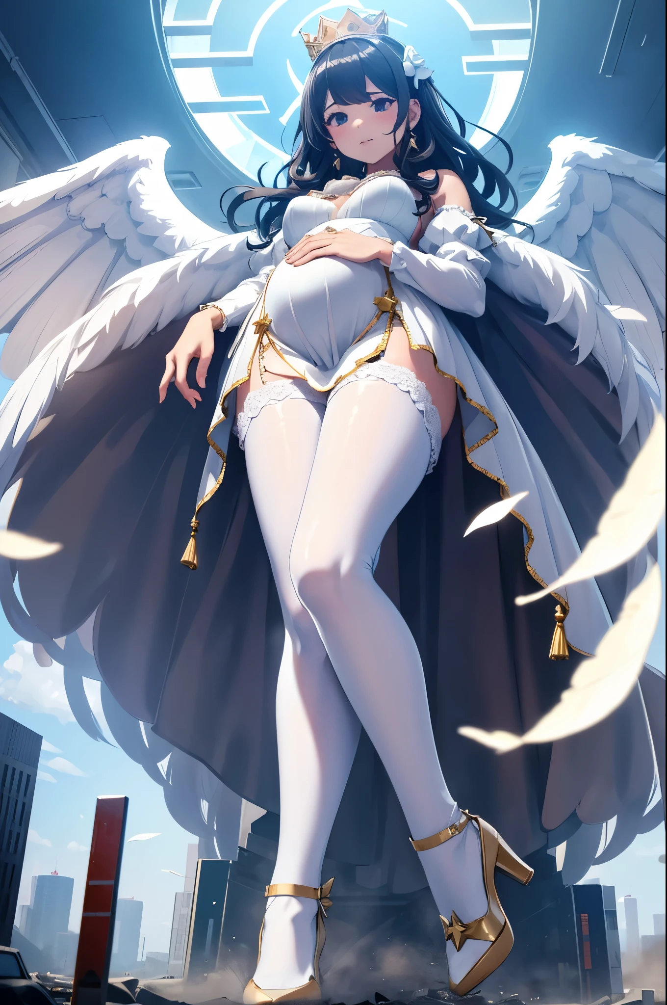 Giant Girl 50,000 feet high，Weight 1000 kg，Has a pair of white feather wings，Have a pair of long legs，Like a pregnant queen，Smirking and rubbing her belly，Wearing a white crown，Wearing white earrings，She has long white wavy hair.，Loose hair，Wearing a pair of white high heels，White lace sleeves，Wearing white lace pantyhose，Bow and star embellished tights，白色蕾丝whole body，Beautiful appearance，Exquisite makeup，quality，8k，高quality，Perfect proportion, Cinema Lighting，Film Grain，Fuji Color，8k，Textured Skin，Super Detail，High Detail，high resolution，charming，Standing in a small city，Trampling destroys the city，whole body，fat。