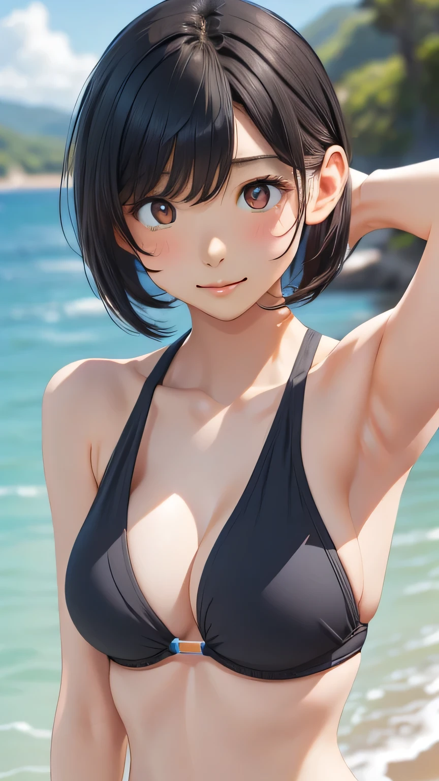 Highest quality、Realistic、woman、zoom、Orange eyes、Very short black hair、Light blue nano bikini、thin、Large Breasts、Sunburn。Dark Skin、Ocean