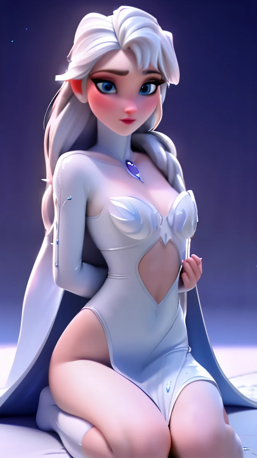 elsa, (perky breasts), (((small breasts))), affected smile:1.2, beautiful blue eyes, (perfect iris), depth of color in your eyes, by rubio, by the wide, braid, full lips, blush, naked, she is showing her vagina, depth of field, bokeh, (Special attention to leather details.: 1.2), masterpiece, Best Quality, ultra detailed, ultra HD, photorealistic, cinematographic, ((Medium camera shot)), sensual pose, seductive, Nipples:1.4, looking to the camera, closeup of his face, her cheeks are blushed, 22 years, she is on her knees, eye contact:1.4, Angle elevation:1.5, ((Closeup on face)), perfect face, (((visible breasts))) bokeh everything other than her perfect face, The location is Arendelle in winter., ice castle