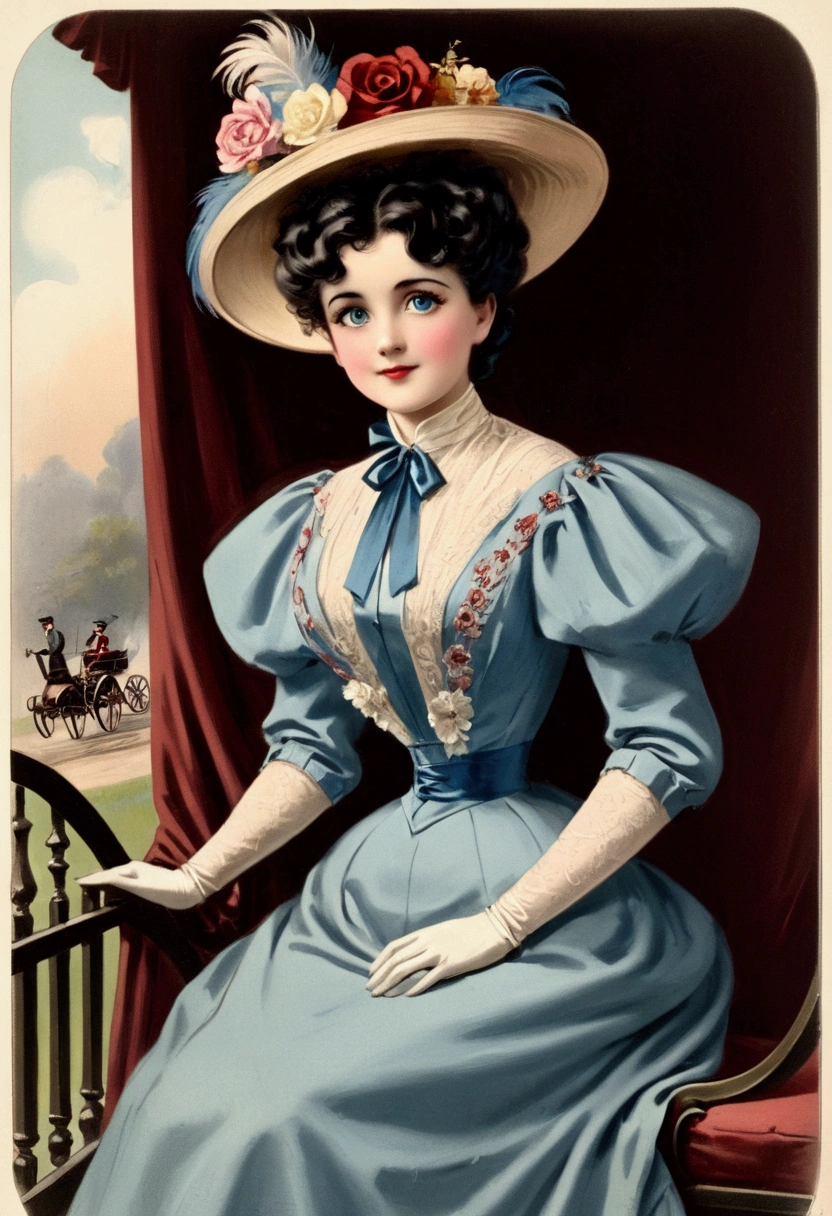 Betty Boop as a gorgeous stylish yo brunette teenage Gibson Girl inside an open-air carriage. Year 1906. Edwardian high-neck long sleeve dress. Ornate wide-brimmed veiled picture hat with a large front topped with flowers, ribbons and feathers. Gloves in both hands. Sash tied around her waist. Floor-length skirt. Boots. 40-20-40 hourglass figure. Large rear. Big blue eyes. Pouty red lips curled into a coquettish smile. Full body. 1900s fashion.