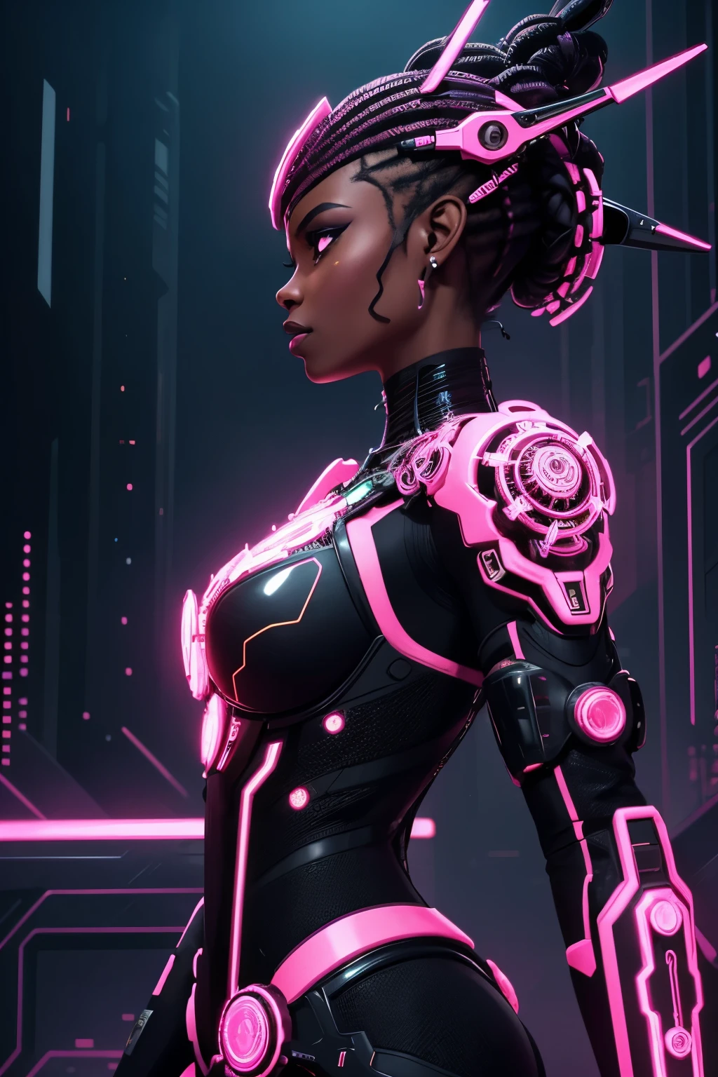 **Profile view of a full-length elegant beautiful African woman, adorned with intricate patterns and bright neon pink details, in the style of cyberpunk aesthetic, with mechanical elements like gears or circuits, dark tones and a futuristic feel. Vector illustration on an isolated black backgroundd**