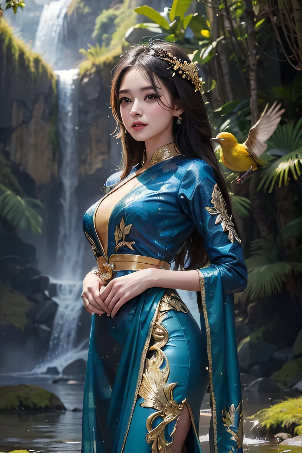 ((best quality)), ((masterpiece)), (detailed), woman, black long hair with javanese gold and blue gown kebaya attire in forest with waterfall with gold bird flying