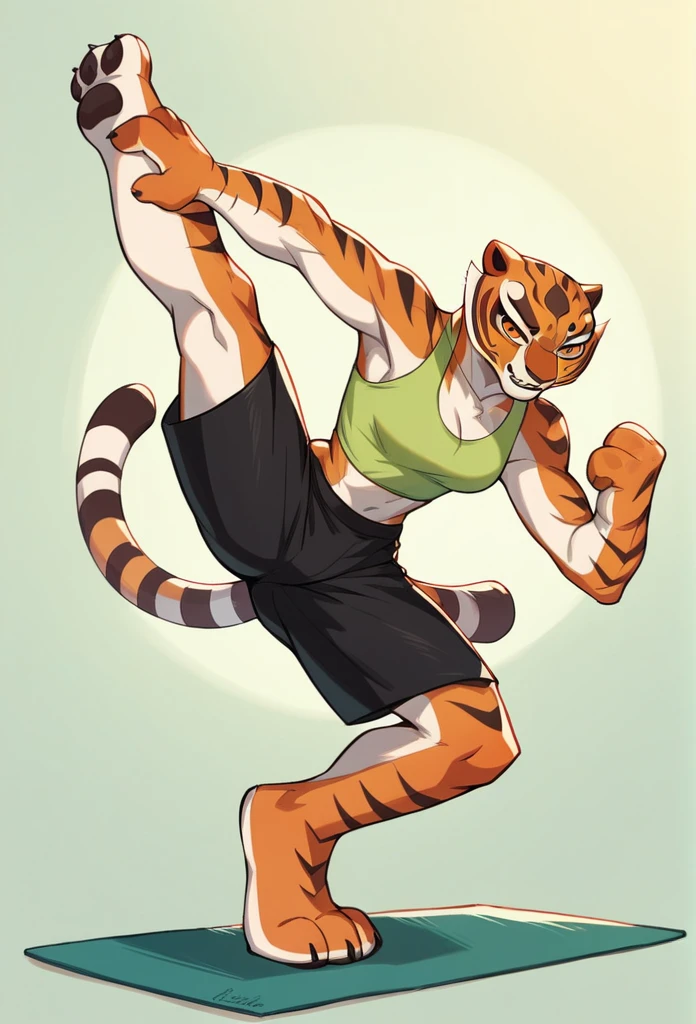 Kung Fu Panda, Master Tigress, Pose, Yoga, wearing black shorts,