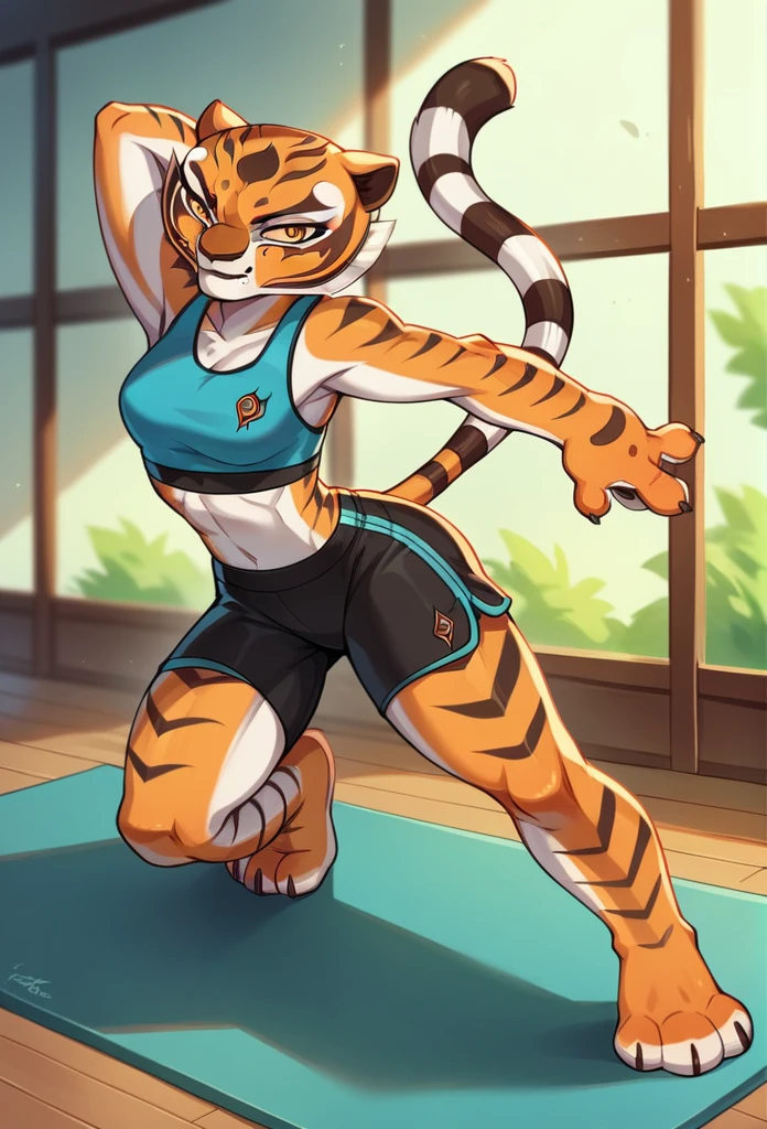 Kung Fu Panda, Master Tigress, Pose, Yoga, wearing black shorts,