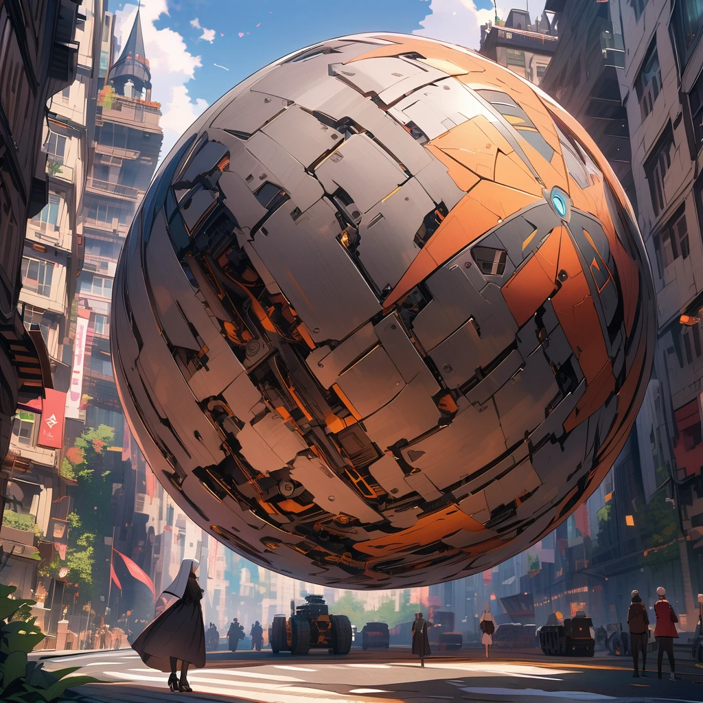 Singing nun in front of a giant mechanical egg, ruins, detailed background, detailed depiction, 4K, UHD, absurd, ultra high quality, masterpiece,