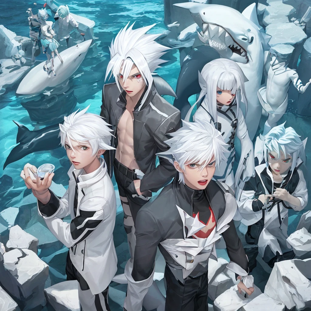 One shark boy, white hair