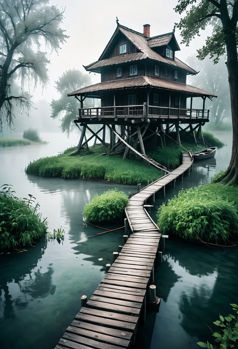 a wooden bridge that leads to a small island in the river. On the island stands a old house in slavic style, a couple of trees next to it, a half-submerged boat near the bridge. Fog rises around, a white haze around, like a veil separating from another world, style by Lovecraft, meticulous, intricate, entangled, intricately detailed