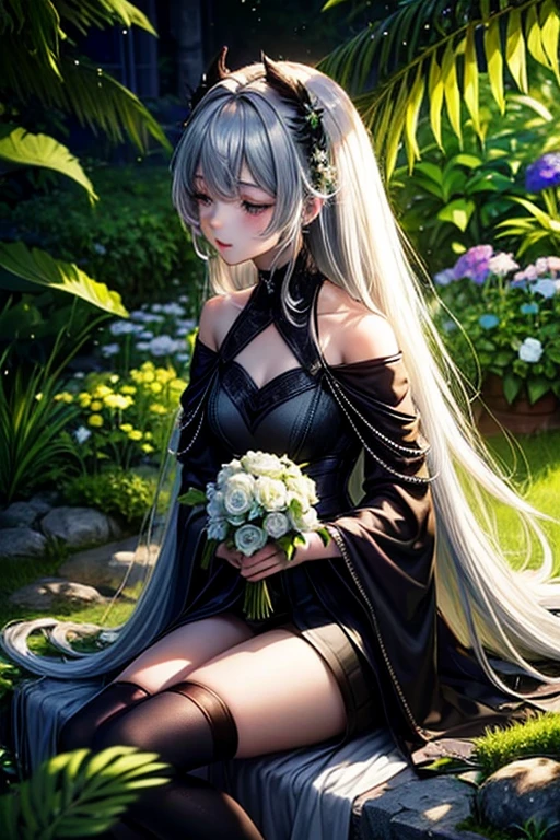 Highest quality,masterpiece,grayと赤の調和アート,black,Perfect Anatomy,Girl Closing Her Eyes,cute,14 years old,profile,Black off-the-shoulder dress,Sitting Girl,Wabi-sabi art,gray,green,white,Perfect artistic harmony,Fantasy,green色の花,grayの葉,Modest Flower,Simple configuration,背景はwhiteい壁です,greenい花,grayの葉,space、