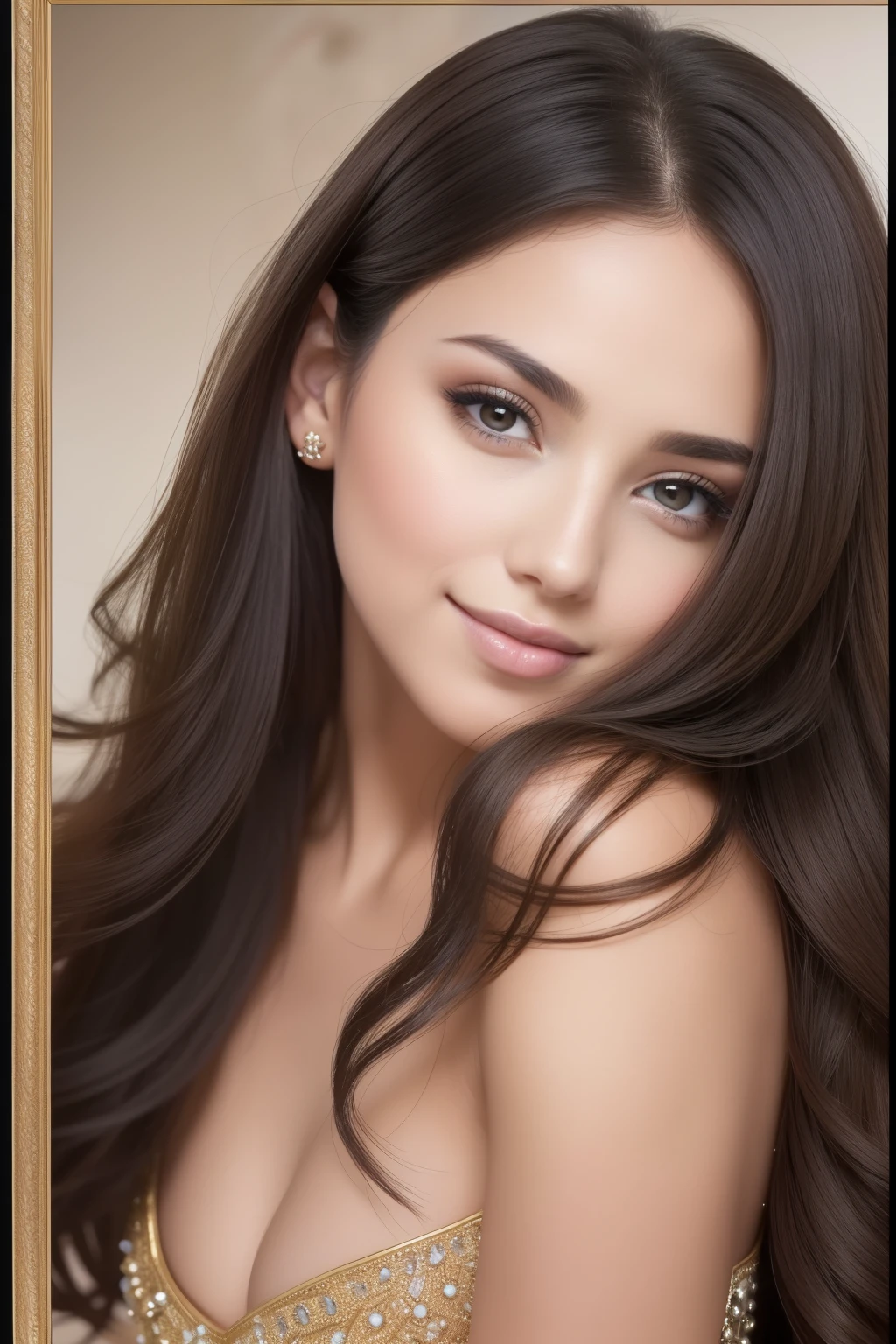 A high-resolution, frontal portrait captures the stunning beauty of a woman in her early thirties. Her oval face, radiating with elegance and charm, is the centerpiece of the image. Her delicate features, including her captivating brown eyes framed by long, dark eyelashes, are perfectly balanced. Her ebony-black, long, and smooth hair cascades softly over her shoulders, adding an enchanting allure. A radiant smile reveals her naturally rosy lips, complementing her flawless, golden-hued skin, captured in a raw format (--ar 3:4 --iw 0.7 --s2). The image is a masterpiece of natural