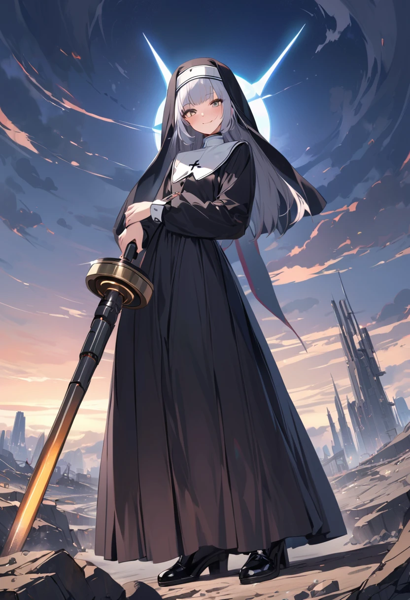 (masterpiece, best quality:1.1), (ultra highres, ultra-detailed:1.2),pop-style,one girl,nun costume,(posing),(has lmechanical cudgel,near-future technology),bad smile, BREAK futuristic nun,(wasteland,no man's land),dynamic angle,