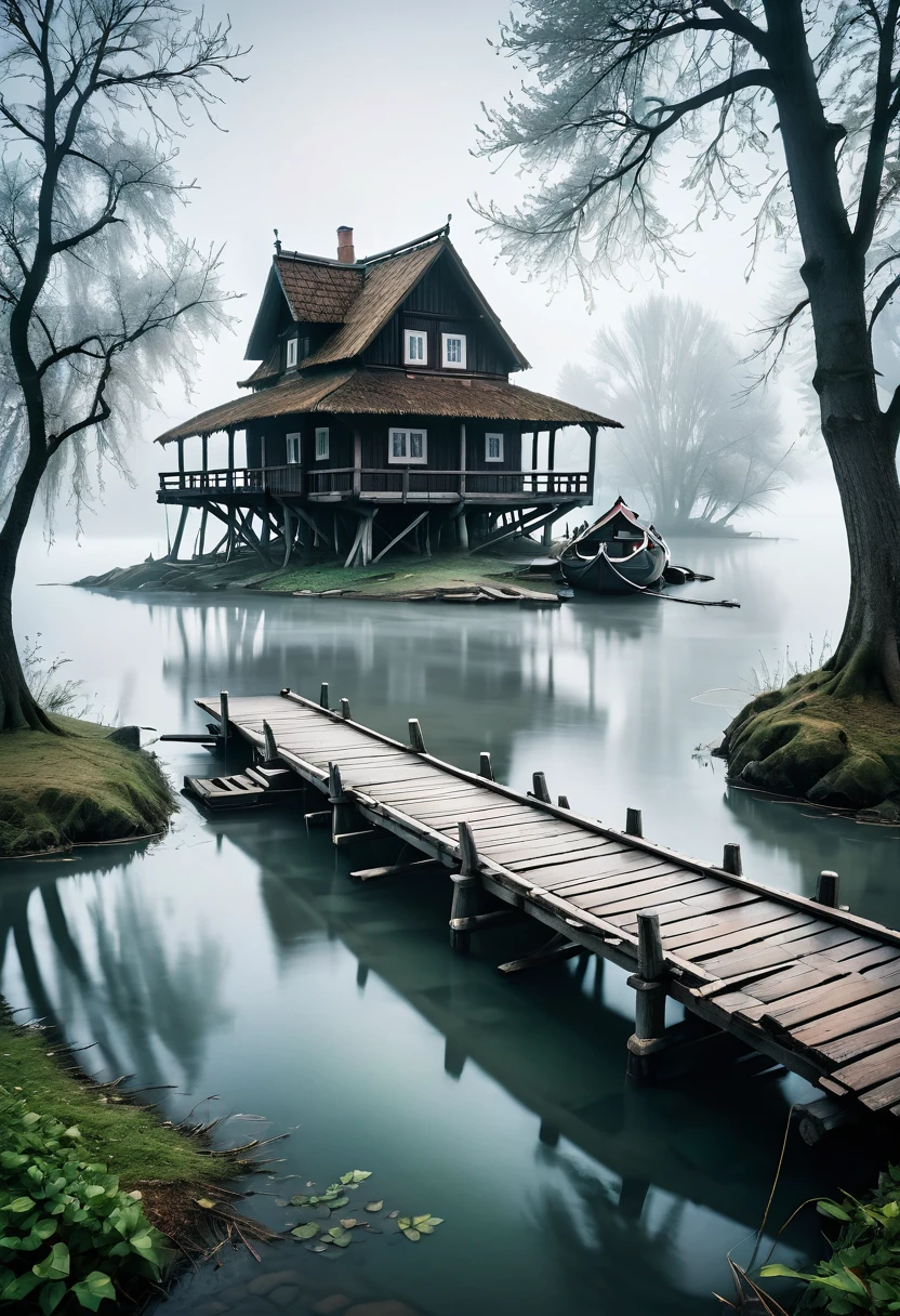 a wooden bridge that leads to a small island in the river. On the island stands a old house in slavic style, a couple of trees next to it, a half-submerged boat near the bridge. Fog rises around, a white haze around, like a veil separating from another world, style by Lovecraft, meticulous, intricate, entangled, intricately detailed