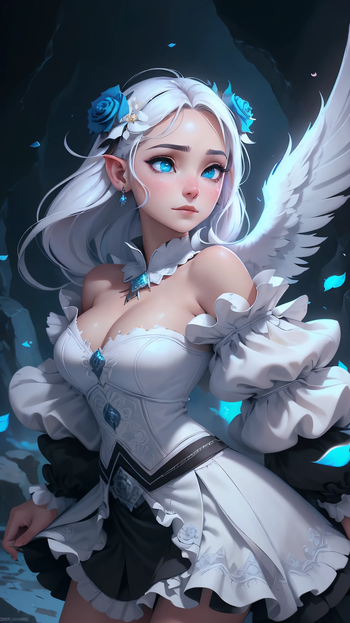 (La mejor calidad,A high resolution,Ultra - detallado,actual),Ariana Grande, (BREAK white_angel with white further wing:1.4) ,white tone color,(BREAK black_angel with black further wing:1.4 ) ,dark halo,black tone color,solo,(ojos hermosos azules :1.4) ,(skirt lifted by itself: 1.1), (skirt lift: 1.3),(pose vaquero :1.4), (showing white panties: 1.3), symmetry:1.3, upper body,cleavage,off shoulder,(hair flower:1.4) , off-shoulder dress, puffy long sleeves, puffy sleeves, (rose petals:1.4) ,mandala,chaos,Radial, streamlined,fractal art,art design,burst,Heterochromatic pupil, Epic Fantasy Art Style HD, 4K fantasy art, epic fantasy digital art style, epic fantasy art style, Fantasy Woman, epic fantasy art portrait, Epic fantasy style, hyperrealistic fantasy art, hd fantasy art, Epic fantasy character art, epic fantasy art, in style of dark fantasy art, epic fantasy digital art, ,(Fondo de ruinas de mazmorra en ruinas:1.4 ),( pose vaquero :1.4),( anatomía perfecta detallado :V2.1),( iluminación cinematográfica :1.4), (face detailed :1.4), (ojos hermosos azules detailed :1.4), (fondo piedras grandes cueva caverna pasillo :1.4), More detailed 8K.motor irreal:1.4,UHD,La mejor calidad:1.4, fotorrealista:1.4, textura de la piel:1.4, obra maestra:1.8,obra-prima, mejor calidad,objeto Objeto], (detailed face features:1.3),(Las proporciones correctas),(Ojos hermosos azules),  (pose vaquero), (tiene alas white de dragón grande :1.4), (pose vaquero :1.4) 