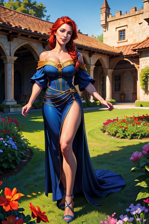 a beautiful girl with long red hair in a braid, off-the-shoulder dress, standing in a castle courtyard with a flower garden, looking directly at the viewer with a cute smile, extremely detailed facial features including big blue eyes, freckles, makeup, dynamic angle and pose, rule of thirds composition, dynamic perspective, dynamic line of action, full-body shot, 50mm lens, (best quality,4k,8k,highres,masterpiece:1.2),ultra-detailed,(realistic,photorealistic,photo-realistic:1.37), HDR lighting, cinematic composition, perfect anatomy, large breasts