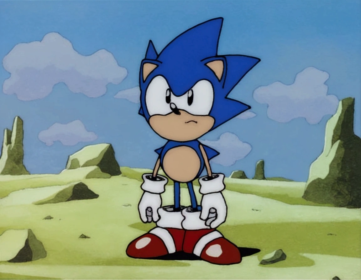 Retro anime style 90, inspired by Sonic CD cinematics, Character: anthropomorphic bear, bright blue fur, bear ears with light orange interior, large expressive eyes, violet irises, surprised expression, nervous sweat on forehead, blue bangs cover face up to nose, Clothing: dull brown poncho, simple and cold, with white border and tassels at the ends, dark brown boots, light orange fur on muzzle and face, simple background