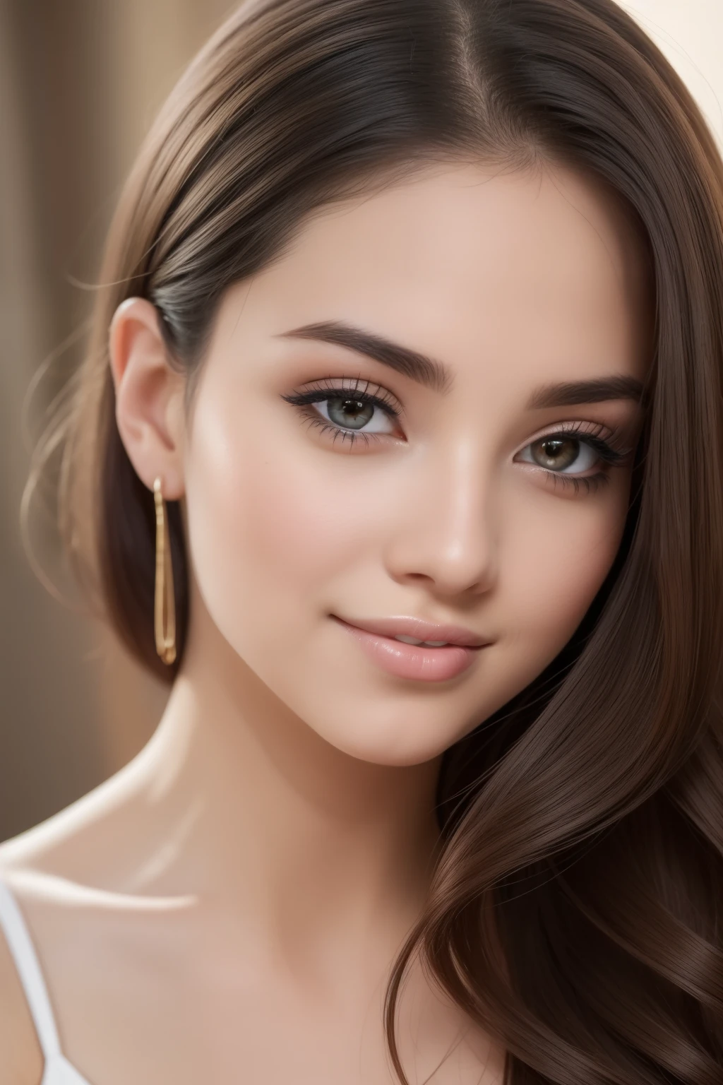 (Masterpiece), (Realistic), (best quality), (8K), ultra detailed, UHD, RAW, Spanish woman, tan:0.2, round face shape, dark brown hair, beautiful realistic wavy curly dark brown hair, dark brown eyes, dark brown almond symmetric beautiful realistic eyes, thin eyebrows:1.4, round eyebrows, beautiful symmetric nose, rounded nose-tip, thin nose-bridge, thin nostril, small delicate nose, ((round (feminine) cheeks)), (cheek dimples:1.35), thin lips, small mouth, rounded chin, transparent red lipstick, skin texture:1.2, wearing a white princess seam dress