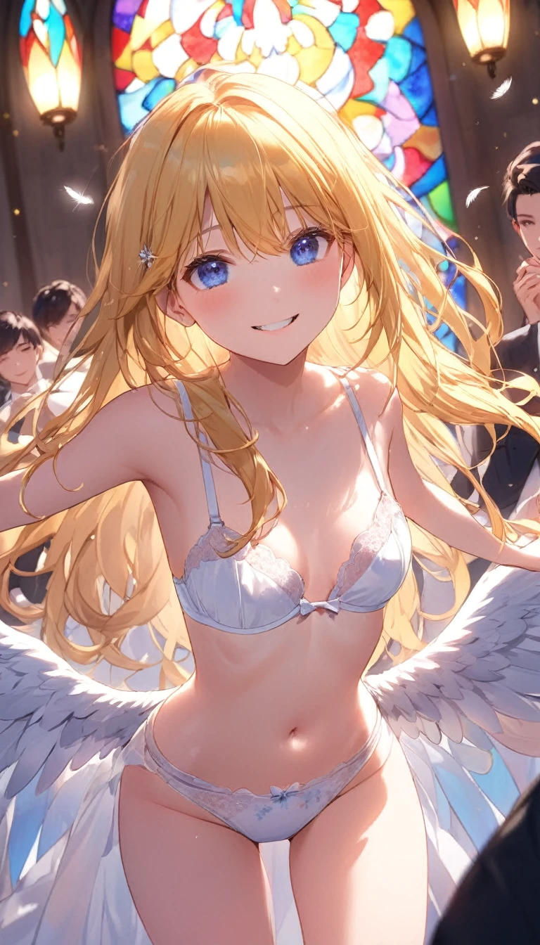 高いquality illustration, masterpiece, Very delicate and beautiful, Audience reaction,Slender body,slim,Beautiful Eyes,(masterpiece, Highest quality:1.2), High resolution, Very detailed CG ユニティ 8k 壁紙, Perfect lighting, colorful, 超High resolution,4K,Very detailed, photograph, 8k, High resolutionolution,girl１people、 Long Hair, blue eyes, Blonde, dress, clavicle, wing, Angelのwing, 白いwing, Angel, Angelの輪,Outdoor、A kind smile、blush,church、Stained glass、indoor、cross、Spread your arms、Put your arms forward、Black Flower、Feathers fluttering、Surrounded by men、Man is watching、male enhancement、((White panties))、((White bra))、((White pantiesを見せる))、((navel))、((Thigh))、Very young