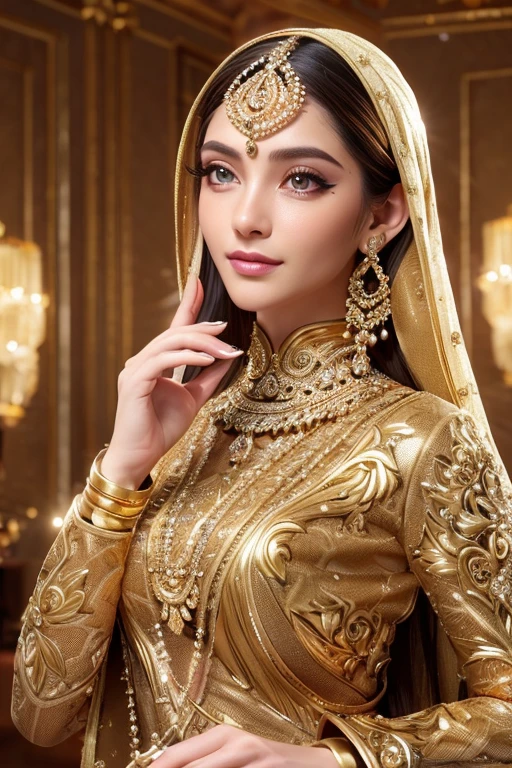 (Very detailed gold plated woman), (Very detailed eyes, beautiful detailed lips, very detailed eyes and face, long eyelashes, elegant flow dresses, complex golden jewelry, dramatic lighting, cinematic composition, 8k; surrealistic; vivid color; dramatic shadow; very detailed; decorative and gorgeous, It's gorgeous, hdr,4k,uhd,VAE,masterpiece,super detailed,super quality,super beautiful,