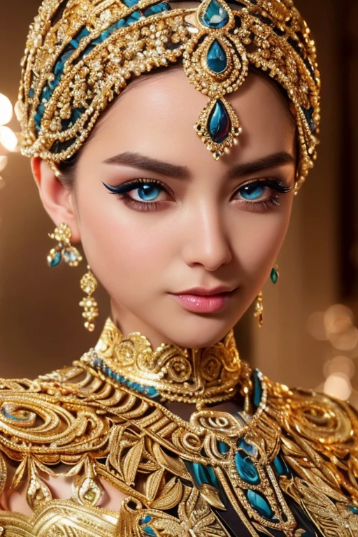 (Very detailed gold plated woman), (Very detailed eyes, beautiful detailed lips, very detailed eyes and face, long eyelashes, elegant flow dresses, complex golden jewelry, dramatic lighting, cinematic composition, 8k; surrealistic; vivid color; dramatic shadow; very detailed; decorative and gorgeous, It's gorgeous, hdr,4k,uhd,VAE,masterpiece,super detailed,super quality,super beautiful,