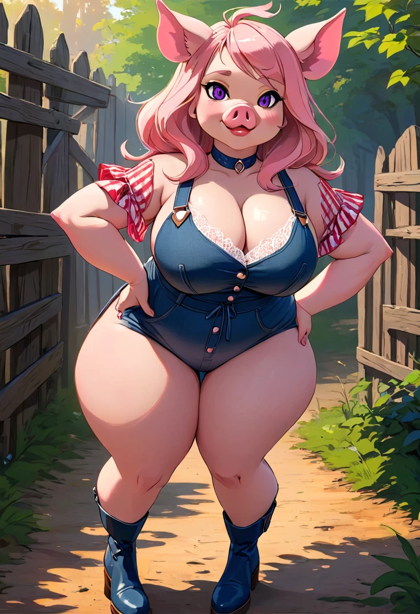 Create an illustrated, hand-drawn, full-color image of an humanoid, hybrid, anthropomorphic, sexy pig woman. The artwork should be rendered in the style of "Breath of the Wild," featuring warm lighting and shadows. Include graphite shading, stencil marks, and airbrushed acrylic paint effects. The image should be of the highest quality, a masterpiece with intricate details. Pig nose, pig ears. The pig woman should have a chubby female, round belly, fat rolls, small pink spiral tail, humanoid, appearance. She should have luscious lips, a wide smile, and bright, expressive eyes, exuding beauty, cuteness, fertility, and adorableness. Ensure the image is high resolution and sharply detailed, with a detailed and vibrant background. Scarlett Johanson, Alison Brie, Dove Cameron Incorporate mystical lighting in the background, creating a romantic and enchanting atmosphere. gingham dress. (Obese:1.1),fat, Slightly chubby, sad, farm backround, Full body, looking at viewer, 1girl, solo, short height, long red hair, (dark blue choker), (dark blue denim overalls), (purple eyes), (pink boots), (white shoulder lantern sleeve blouse, tucked in pants