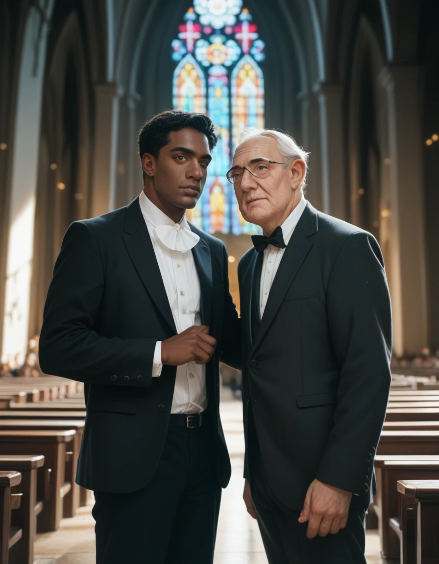 35 year old man with black hair,straight hair perfect face green eyes dark skin high resolution realistic in black blazer and elegant beige pants in church admiring people.