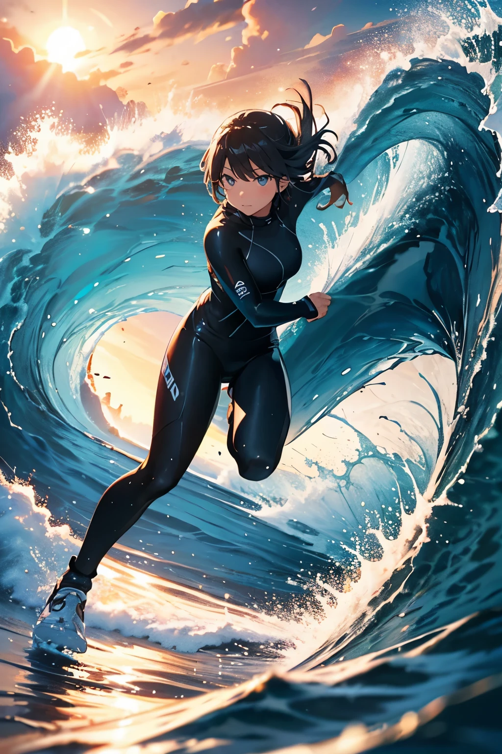 Female surfer riding a wave in the ocean early in the morning、surfing、  big wave surfing、Tube Wave、surfingの写真、Extreme Sports Photography、(Highest quality, masterpiece, High resolution)、8k、wallpaper