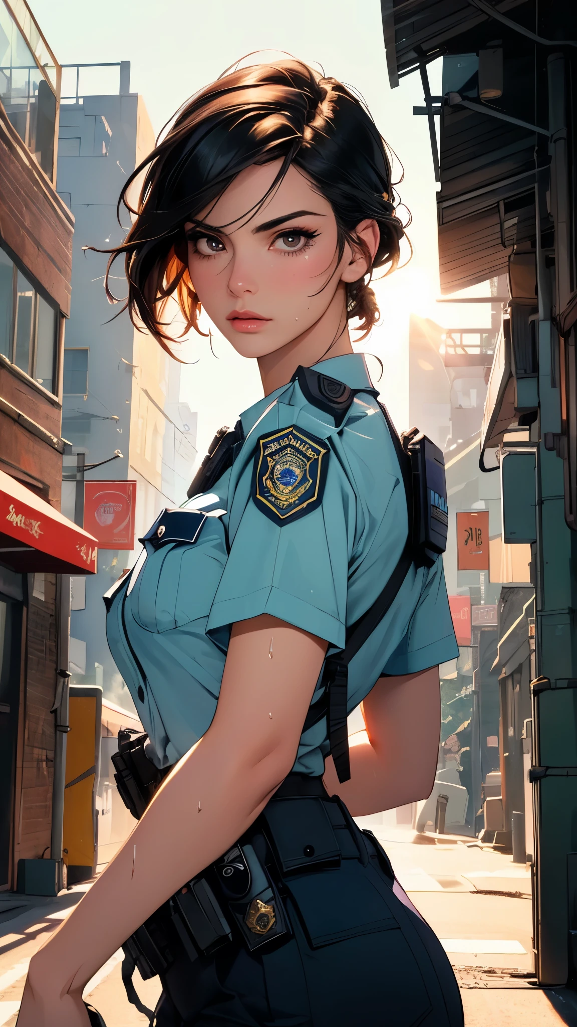 ((((masterpiece, best quality, high resolution)))), Extremely detailed 8K, 1 female, (Police Officer) wearing a cyberpunk police uniform and gear, (Ultra HD, Ultra-detailed, Highly detailed, Highly realistic, Ultra-realistic, photograph realistic), (1girl:1.5), (Realistic black hair), (dynamic poses), facing at camera, looking at viewer, (a serious focus face), (regular black eyes, sharp eyes), (perky breasts:1.2), (beautifully detailed face, beautiful detailed eyes), ((preparing for a police patrol)), (streets background), sweat, glow, (sunbeam, sunlight), ((cowboy shot)), seductive, EnvyBetterHands LoCon,