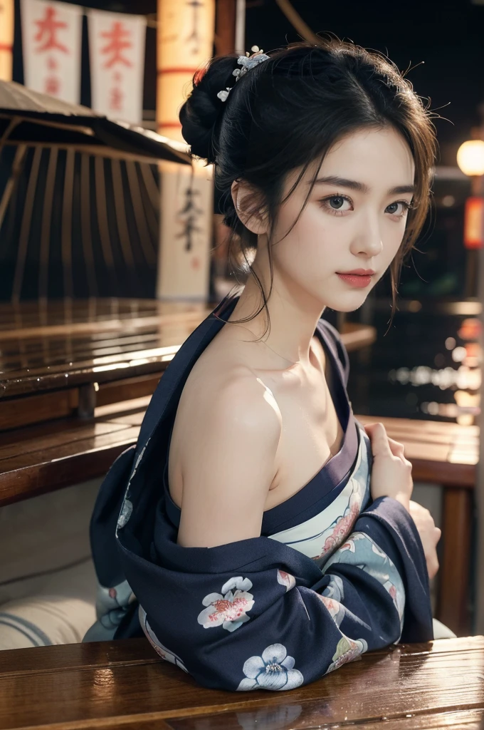 (((best quality))),(((ultra detailed))),(((masterpiece))),illustration,((1 beautiful Japannese girl,solo)),((slim,thin)),((small breasts,flat chest)),(((izakaya,summer,rain,night))),(navy blue floral kimono:1.3),neat bun,porcelain skin,rouge,dimly lit,warm glow,ethereal,low table,sake bottle,half-empty glass,tray,grilled fish,steamed vegetables,half-eaten,forgotten,melancholic smile,storm,solitude,enigmatic aura,tranquility,chaos,simplicity,complexity,emotions,sips sake,face softens,memories,frozen moment,photograph,glance,inner world,mysterious,captivating,((from front,upper body))