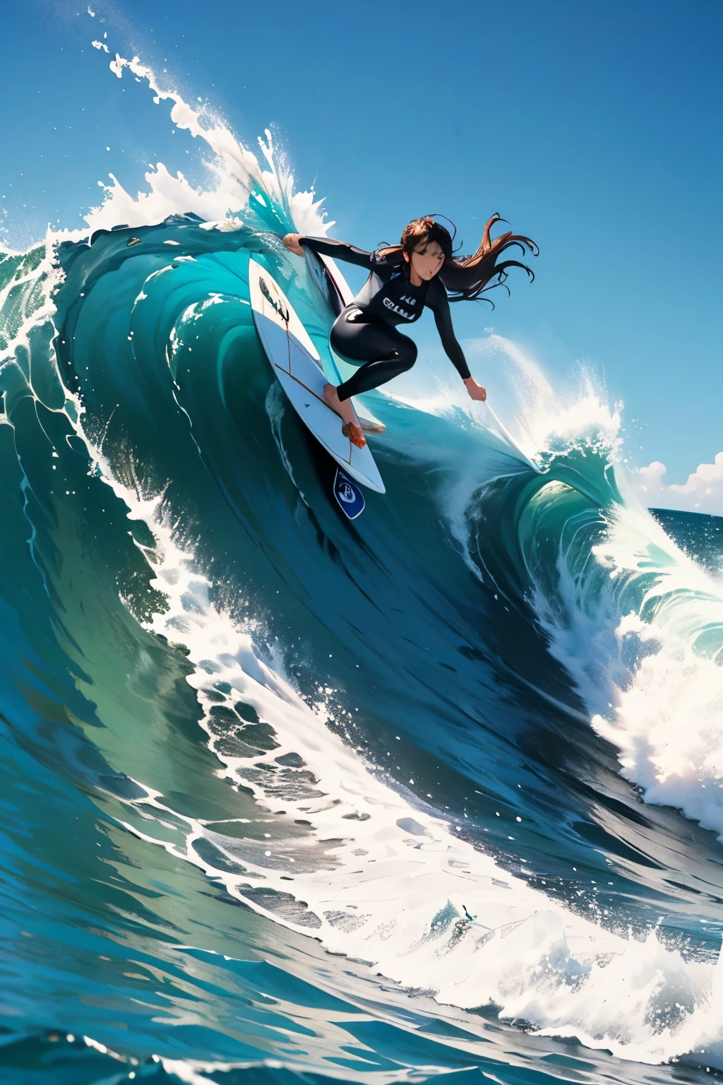 Female surfer riding a wave in the ocean early in the morning、surfing、 big wave surfing、Tube Wave、surfingの写真、Extreme Sports Photography、(Highest quality, masterpiece, High resolution)、8k、wallpaper