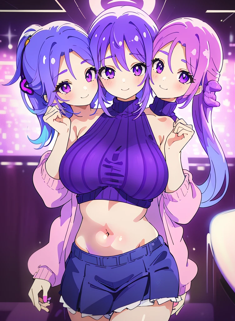 best quality, (masterpiece),(ultra-detailed), (high quality), (high resolution), (3heads:1.5) 1girl, (blue hair), (pink hair), (purple hair), violet eyes, hair ornaments, teenage girl, purple turtleneck sweater (((purple outfit))), miniskirt ,gentle smile,, high ponytail, huge breasts, open belly, exposed midriff, navel,