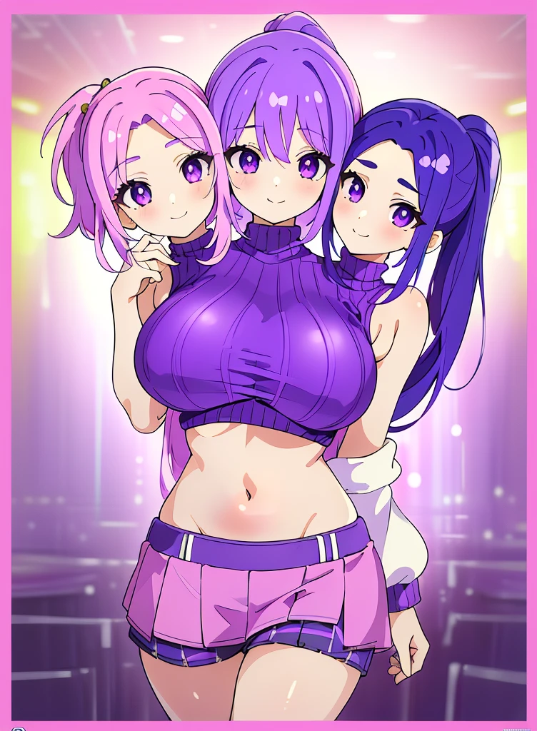 best quality, (masterpiece),(ultra-detailed), (high quality), (high resolution), (3heads:1.5) 1girl, (blue hair), (pink hair), (purple hair), violet eyes, hair ornaments, age girl, purple turtleneck sweater (((purple outfit))), miniskirt ,gentle smile,, high ponytail, huge breasts, open belly, exposed midriff, navel,