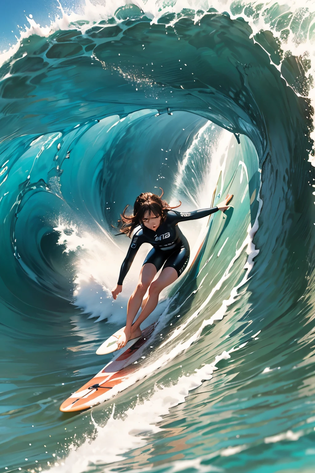 Female surfer riding a wave in the ocean early in the morning、surfing、 big wave surfing、Tube Wave、surfingの写真、Extreme Sports Photography、(Highest quality, masterpiece, High resolution)、8k、wallpaper