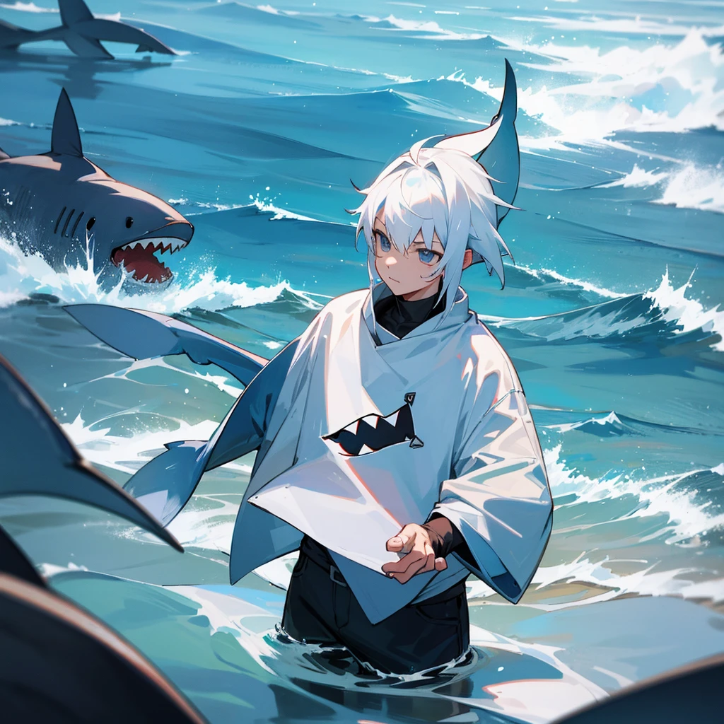 One Shark Boy White Hair Sea