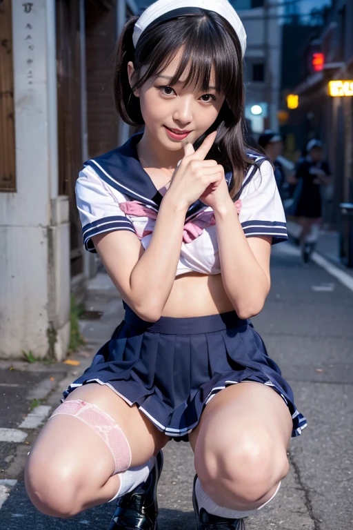 Highest quality, masterpiece, Ultra-high resolution, (reality: 1.4), Original photo, 1 female, mature, smile, short hair, Plump body, , Cinema Lighting, Exact finger count、Exact number of legs、(Exact number of arms:1.0, Exact number of hands:1.0), (Perfect hands, Perfect Anatomy), Cinematic, reality的, Extremely detailed CG, night lighting, Perfect lighting, Best Shadow, The best natural light, smile, ((Woman showing off her panties:1.3)), (school uniform, Sailor suit, Knee-high socks, loafers, Navy pleated mini skirt:1.3), (Sexy and cute panties), (Stylish shiny satin pink panties:1.2), Side tie panties, Lace panties:1, Feeling embarrassed, (blush:1.2), (Embarrassed expression:1.4), (On the streets of the entertainment district at night:1.3), Angle from the front