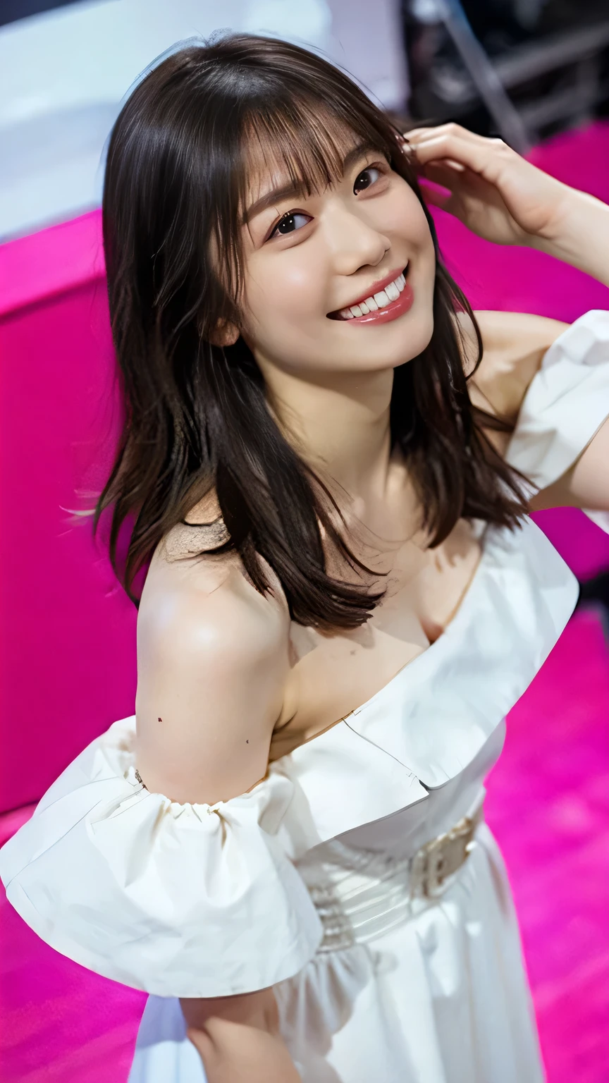 (8k、RAW Photos、Highest quality、masterpiece:1.2)、(Realistic、Realistic)、1 girl、((White off-the-shoulder dress、on stage、Get noticed、View from above、smile、Looking into the camera 、smile、Short Bob、Upper body photo:1.5))、Leaning forward、cute、Large Breasts、(((Sing with a microphone)))