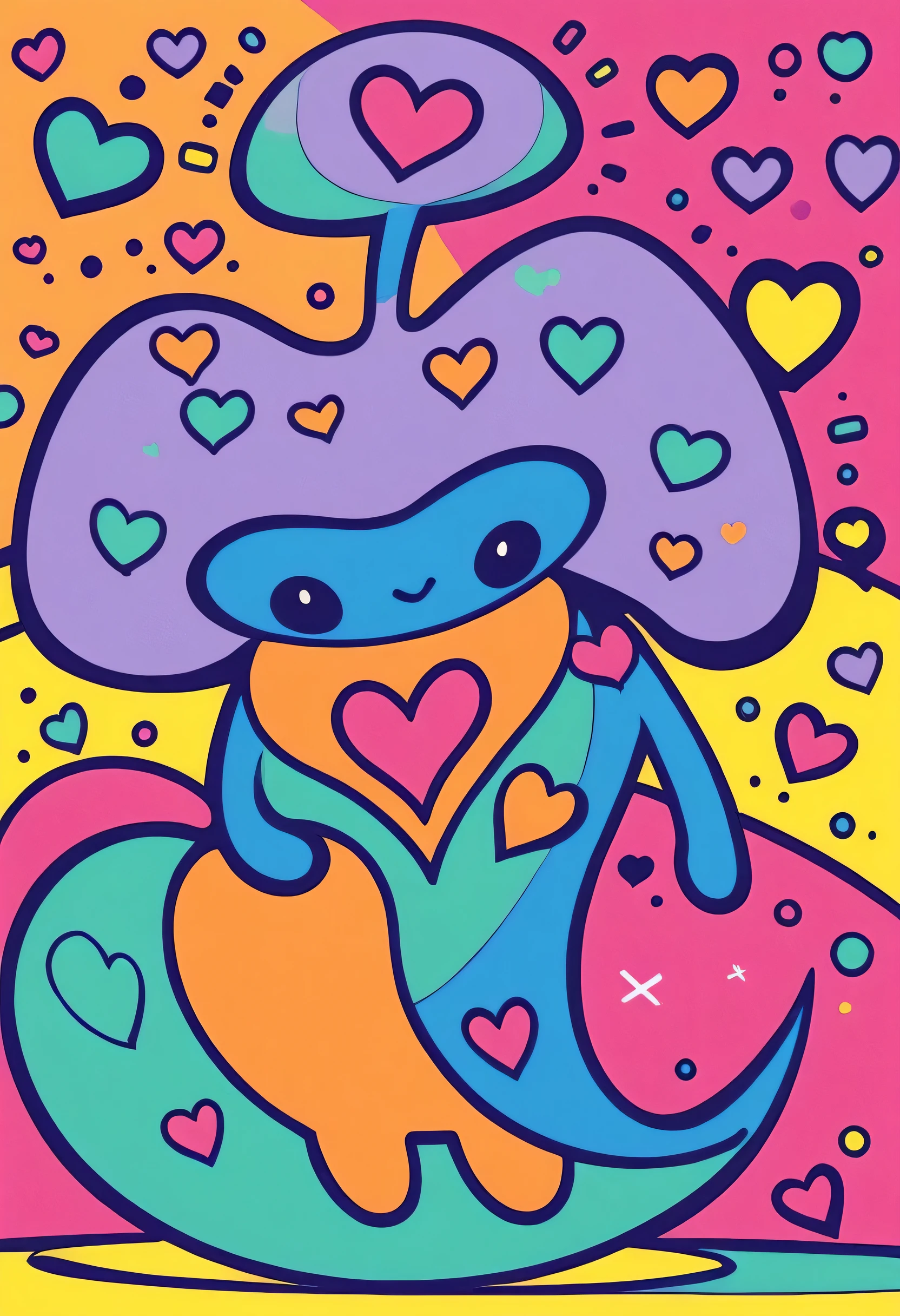Keith Haring colorfull style, Simple Line Initialism,Abstract art, colorful hearts, funny design, (((bosom buddy ))), (((Cute Aliens))), The background is space