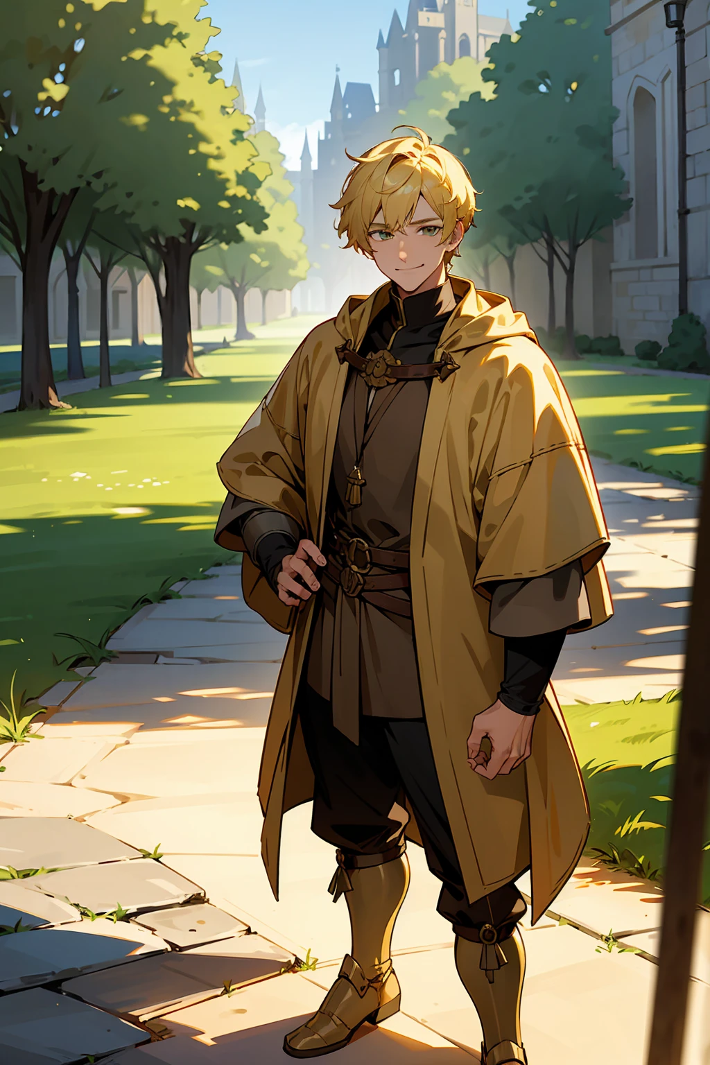 1male, Adult Male, Blonde Short Fluffy Hair, Hazel Eyes, Perfect Generation, Masterpiece Quality, Standing on Path, Smirking Face, Sunshine in the background, Medival Time