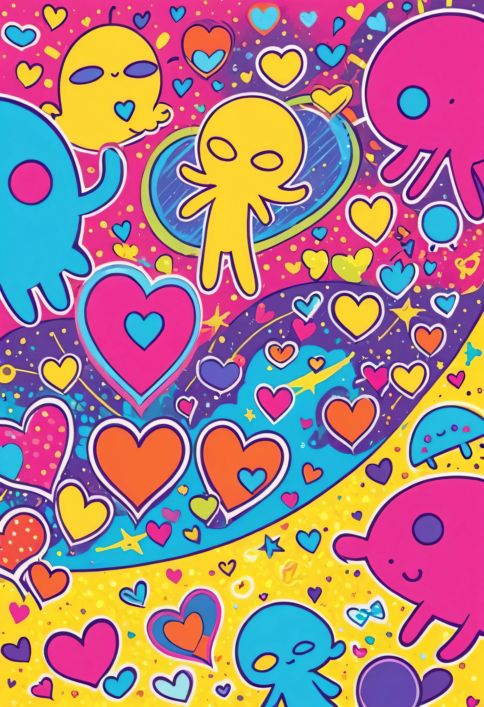 Keith Haring colorfull style, Simple Line Initialism，Abstract art,  colorful hearts, funny design, (((bosom buddy ))), (((Cute Aliens))), The background is space