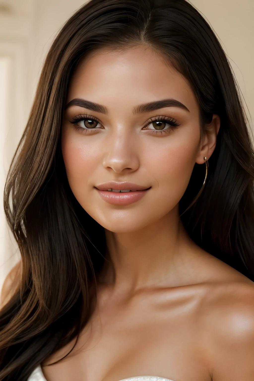 High-resolution, frontal portrait photograph of the captivating and radiant Lydia Grace. Her oval face is a canvas for striking features that exude elegance and charm. Her long, straight, flowing black hair cascades down her shoulders, adding a touch of enchantment to her overall appearance. Lydia's mesmerizing honey brown eyes sparkle with intelligence and warmth, perfectly balanced by a graceful nose and softly defined cheekbones. Her radiant and infectious smile lights up any room she enters, her naturally full and rosy lips adding a touch of allure to her already captivating presence.
Lydia takes great care of her smooth, flawless skin,