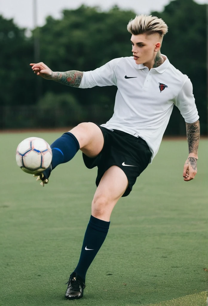 A 20-year-old boy with straight, faded hair and a tattoo on his neck and hands playing football in a long-sleeved polo shirt and shorts turned up showing his strong thighs kicking the ball on a field wearing Nike cleats
