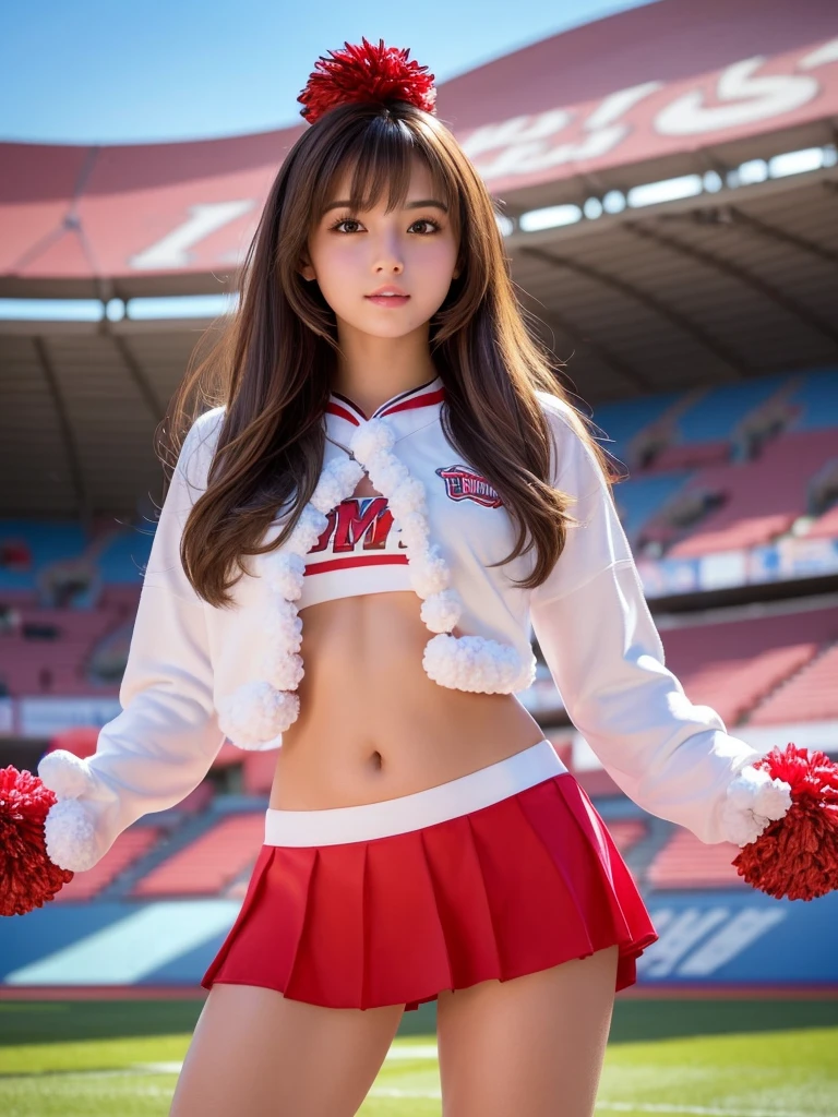 masterpiece, Highest quality, Very detailed, High resolution, (Realistic, photoRealistic:1.37), Excellent anatomy, One beautiful woman, 18-year-old, Height: 152cm, Cheerleader, (Holding a pom-pom in both hands:1.5), A small smile, cheer leading, Cheerleader uniform, (shape), Micro Pleated Mini Skirt, No underwear, ((Very delicate and beautiful)), ((Stadium Background:1.2)), Brown Hair, Long Hair, bangs, Very beautiful face, Cute type, Big Natural Color Lip, Small and cute nose, Big and pretty eyes, Brown eyes, Obvious double, Shiny highlight spots around the eyes, Character Focus, Tilt your head, The best light, Best Shadow, mysterious, Perfect Face, Very detailed, Soft Skin, (Glowing Skin, Sweaty: 1.2), Beautiful feet, Voluptuous thighs, Plump body, Huge breasts, (Expresses the roundness and softness of the chest area.........1), Beautiful body, (The perfect woman), Spread your legs, ((Provocative dynamic pose)), Skirt flip, (Spreading pussy:1.5)