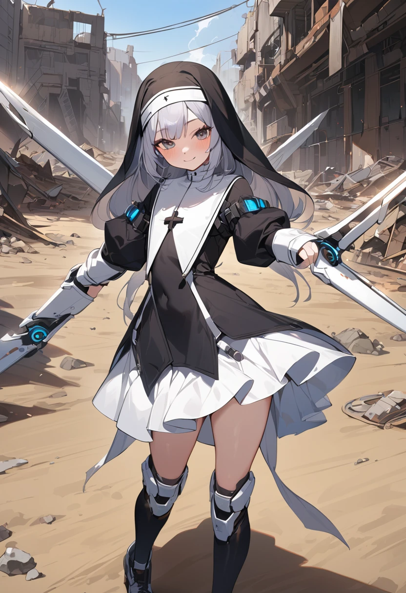 (masterpiece, best quality:1.1), (ultra highres, ultra-detailed:1.2),pop-style,one girl,tween,nun costume,(posing),(has lmechanical twin-blades,near-future technology),bad smile, BREAK futuristic nun,(wasteland,no man's land),dynamic angle,
