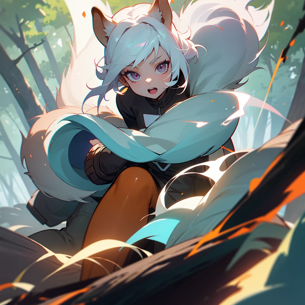 One squirrel girl, white hair, lightning in the forest